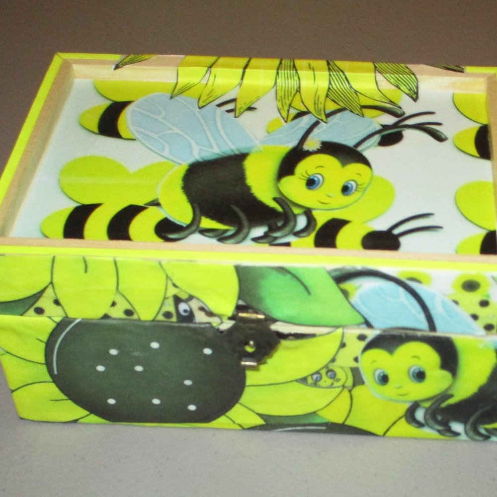 Bumble Bee Yellow Decoupage Wooden Stash Box Sunflower Catchall Hand Crafted
